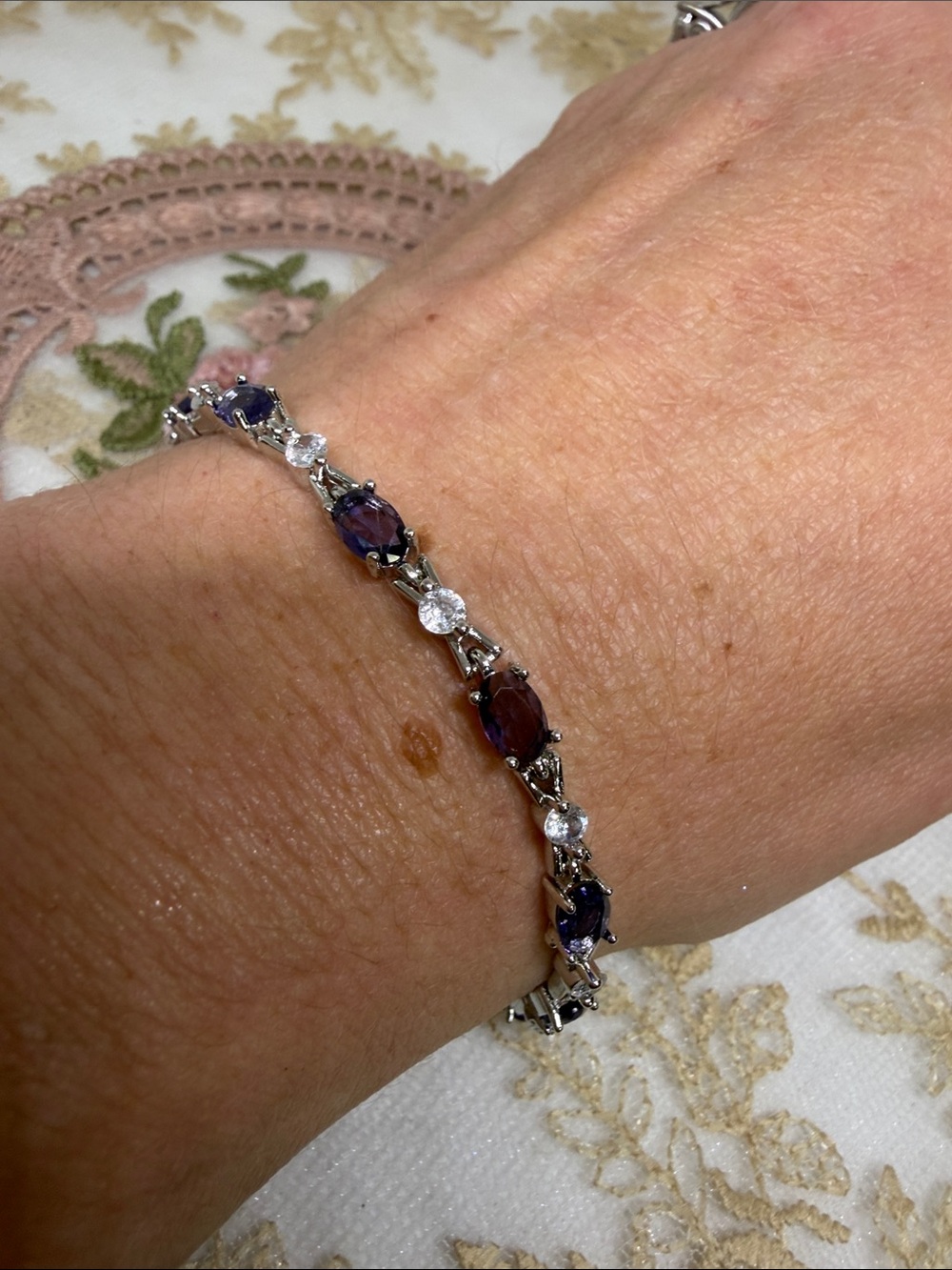 925 Sterling Silver Genuine Amethyst with CZ Tennis Bracelet Vintage Style